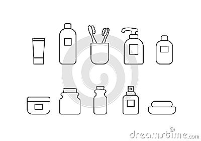 Bathroom vector icon set. Simple bathroom accessories thin line outline signs collection. Personal hygiene concept Vector Illustration