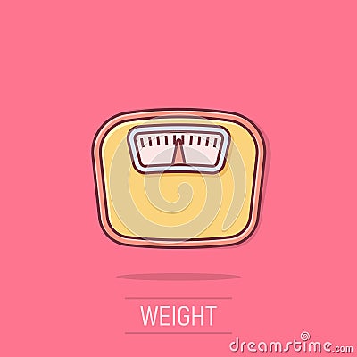 Bathroom weight scale icon in comic style. Mass measurement cartoon vector illustration on isolated background. Overweight splash Vector Illustration