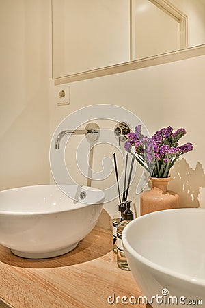 a bathroom with a white sink and a vase Editorial Stock Photo