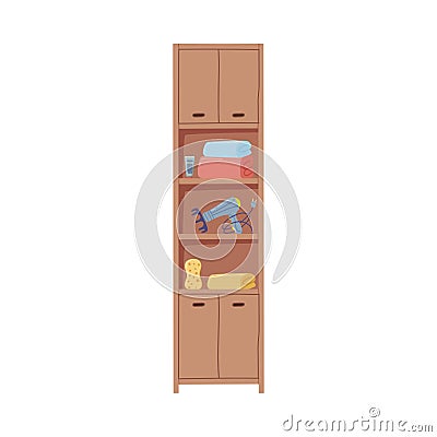 Bathroom Wooden Cabinet with Shelves and Hygienic Accessories Vector Illustration Vector Illustration