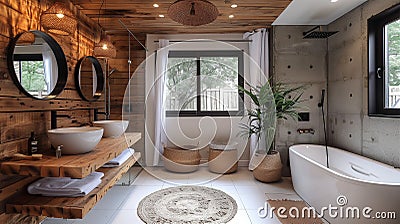 Bathroom with wooden elements: natural, warm, inviting retreat inspired by rustic charm Stock Photo