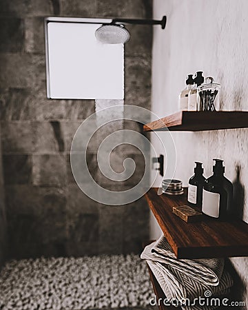 Bathroom wooden shelves with bath utensils and cosmetics in modern gray bathroom with shower and pebbles on floor, contemporary Stock Photo