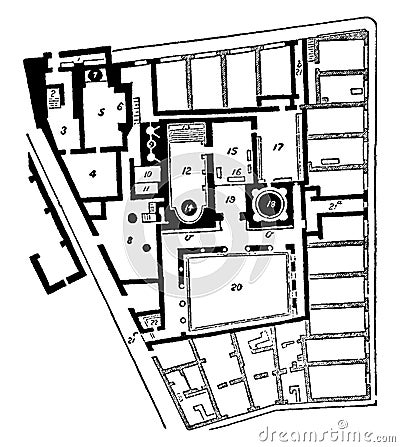 Baths of Pompeii, The ground plan of the baths, vintage engraving Vector Illustration