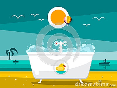 Bathtub on Beach with Ocean Vector Illustration