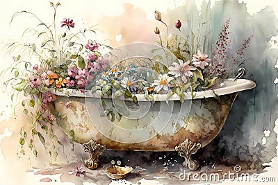 Bathtub filled with fresh flowers, rustic and romantic illustration Cartoon Illustration