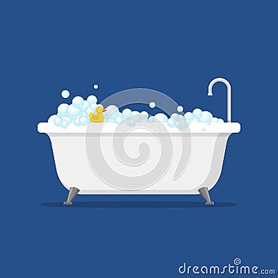 Bathtub with foam bubbles inside and bath yellow rubber duck isolated on blue background. Bath time in flat style Vector Illustration