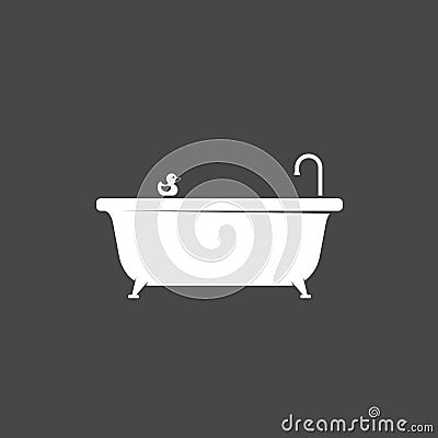 Bathtub icon and bath rubber duck icon isolated on dark background. Bath time Vector Illustration