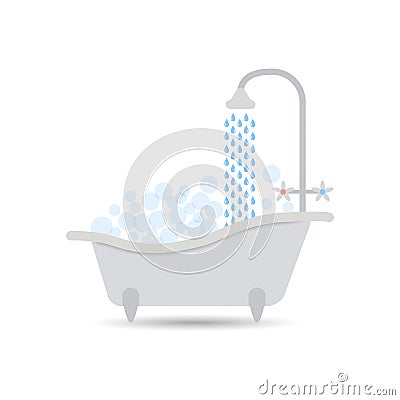 Bathtub icon with flowing water and filled with foam with bubbles . Bath vector isolated on a light background. Vector Illustration