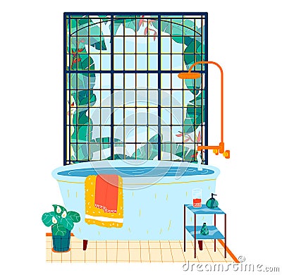 Bathtub interior, bathroom windows, batntub indoors, shower faucet, isolated on white, design, cartoon style vector Vector Illustration