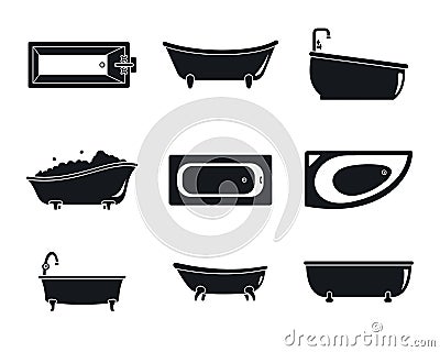 Bathtub interior icons set, simple style Cartoon Illustration