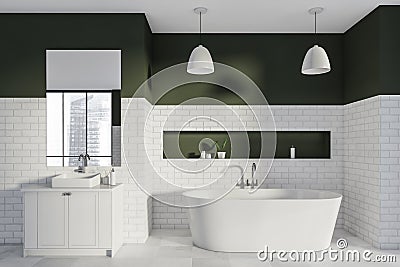Bathtub and vanity in the industrial white bathroom with dark green details Stock Photo
