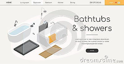 Bathtubs and showers - line design style isometric web banner Vector Illustration