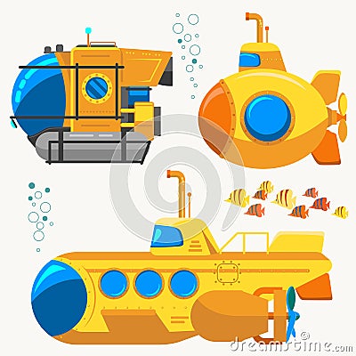 Bathyscaphe cartoon, Yellow Submarine sea research transport. Vector Vector Illustration