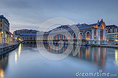 Batiment des Forces-Motrices by night, Geneva, Switzerland, HDR Stock Photo