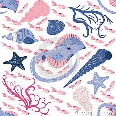 Batomorphi sea life, fish, animals bright seamless pattern. sea travel, snorkeling with animals, tropical fish Vector Illustration