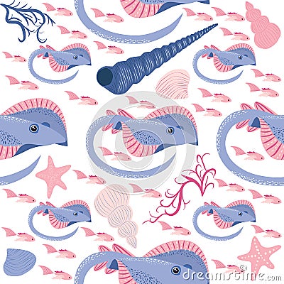 Batomorphi sea life, fish, animals bright seamless pattern. sea travel, snorkeling with animals, tropical fish Vector Illustration