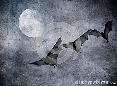 Bats in the dark cloudy sky, halloween background Stock Photo