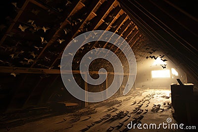 bats entering and exiting attic through gaps Stock Photo