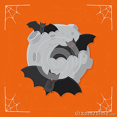 Cartoon horror black bats group flying by the fool moon vector halloween illustration Vector Illustration