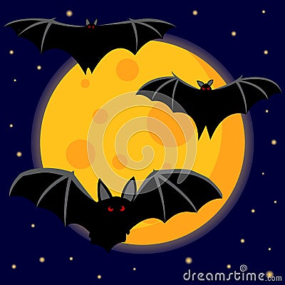 Bats with red eyes against the background of the moon and the night sky. Creepy illustration. Halloween. Vector Vector Illustration