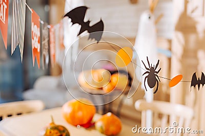 Little bats and spiders made out of paper used as decorations for Halloween Stock Photo