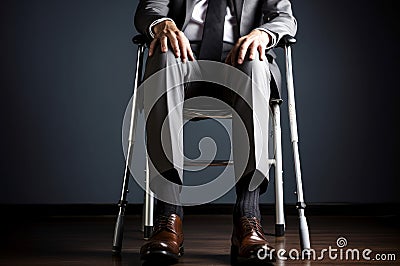 Battered Man injured leg using crutches. Generate Ai Stock Photo