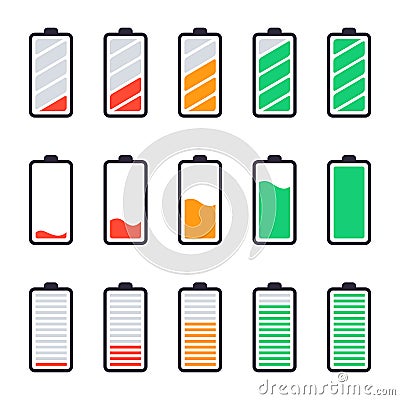 Batteries full charge. Energy indicators, charge levels and accumulator energy full and empty status and smartphone Vector Illustration