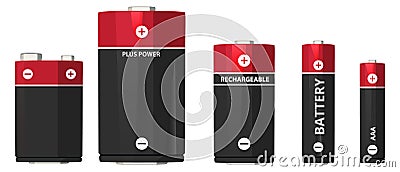 Batteries set. Different size cartoon energy accumulators Stock Photo