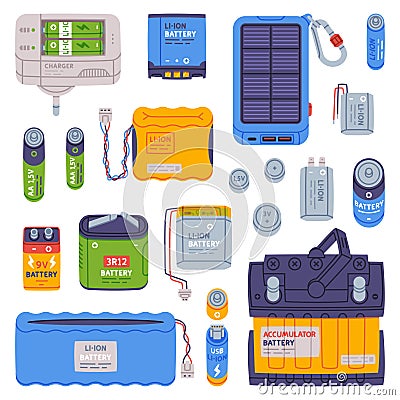 Battery Accumulator as Energy Storage Device Vector Set Vector Illustration