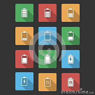 Battery Black Icons with Long Shadow Vector Illustration