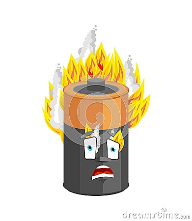 Battery burning isolated. accumulator Fire Cartoon Style. panicked Vector Vector Illustration