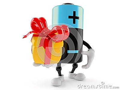 Battery character holding gift Stock Photo