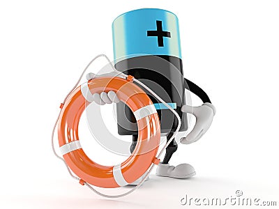 Battery character holding life buoy Stock Photo