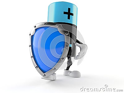 Battery character with protective shield Stock Photo