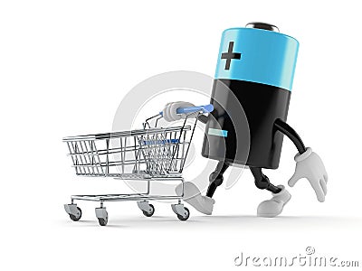 Battery character with shopping cart Stock Photo