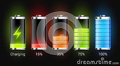Battery charge design. Full charge energy for mobile phone. Accumulator indicator vector icon of power level Vector Illustration
