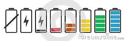 Battery charge indicator icons set. Charging level full power low to high up and electric plug. Gadget energy status vector illust Vector Illustration