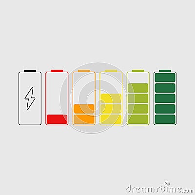 Battery charge indicator icons set. Status of level power low to high up Vector Illustration