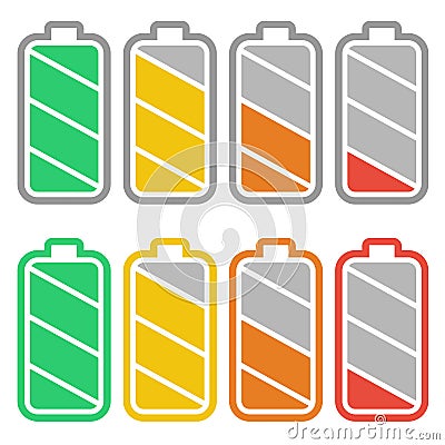Battery charge indicators with low and high energy levels. Full charge energy for mobile phone. Vector Illustration