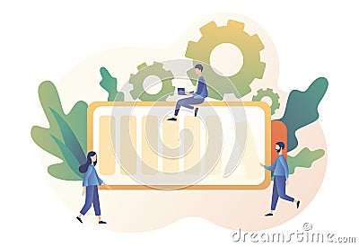 Battery charge. Tiny Users, battery performance and long life battery. Metaphor of productivity. Modern flat cartoon Vector Illustration