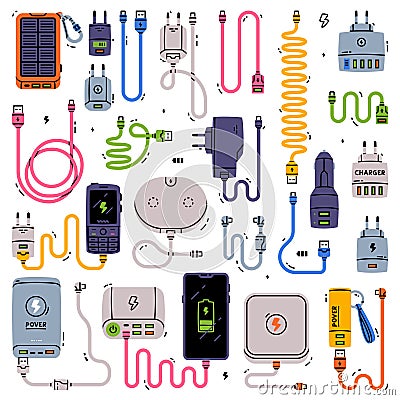 Battery Charger and Recharger as Device Storing Energy Vector Set Vector Illustration