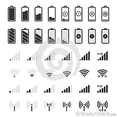 Battery and connection icons. Smartphone charge level, wifi and gsm signal strength, battery energy full and empty Vector Illustration