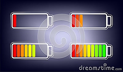 Battery with different charge levels on dark background Vector Illustration