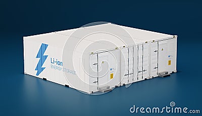 Battery energy storage facility made of shipping containers. 3d Stock Photo