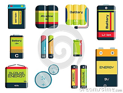 Battery energy tool electricity charge fuel positive supply and isposable generation component alkaline industry Vector Illustration