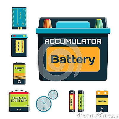 Battery energy tool electricity charge fuel positive supply and isposable generation component alkaline industry Vector Illustration