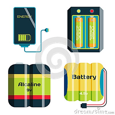 Battery energy tool electricity charge fuel positive supply and isposable generation component alkaline industry Vector Illustration