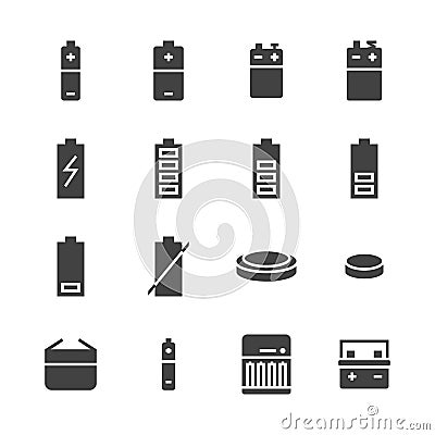 Battery flat glyph icons. Batteries varieties illustrations - aa, alkaline, lithium, car accumulator, charger, full Vector Illustration