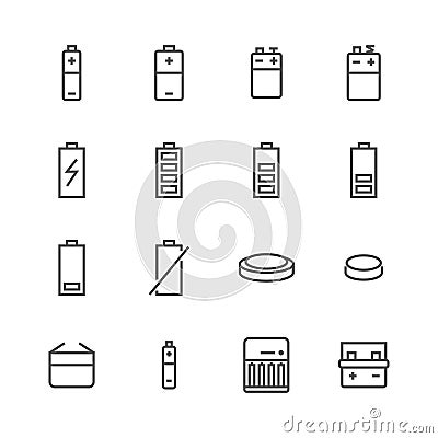 Battery flat line icons. Batteries varieties illustrations - aa, alkaline, lithium, car accumulator, charger, full Vector Illustration