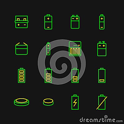 Battery flat line icons. Batteries varieties illustrations - aa, alkaline, lithium, car accumulator, charger, full Vector Illustration